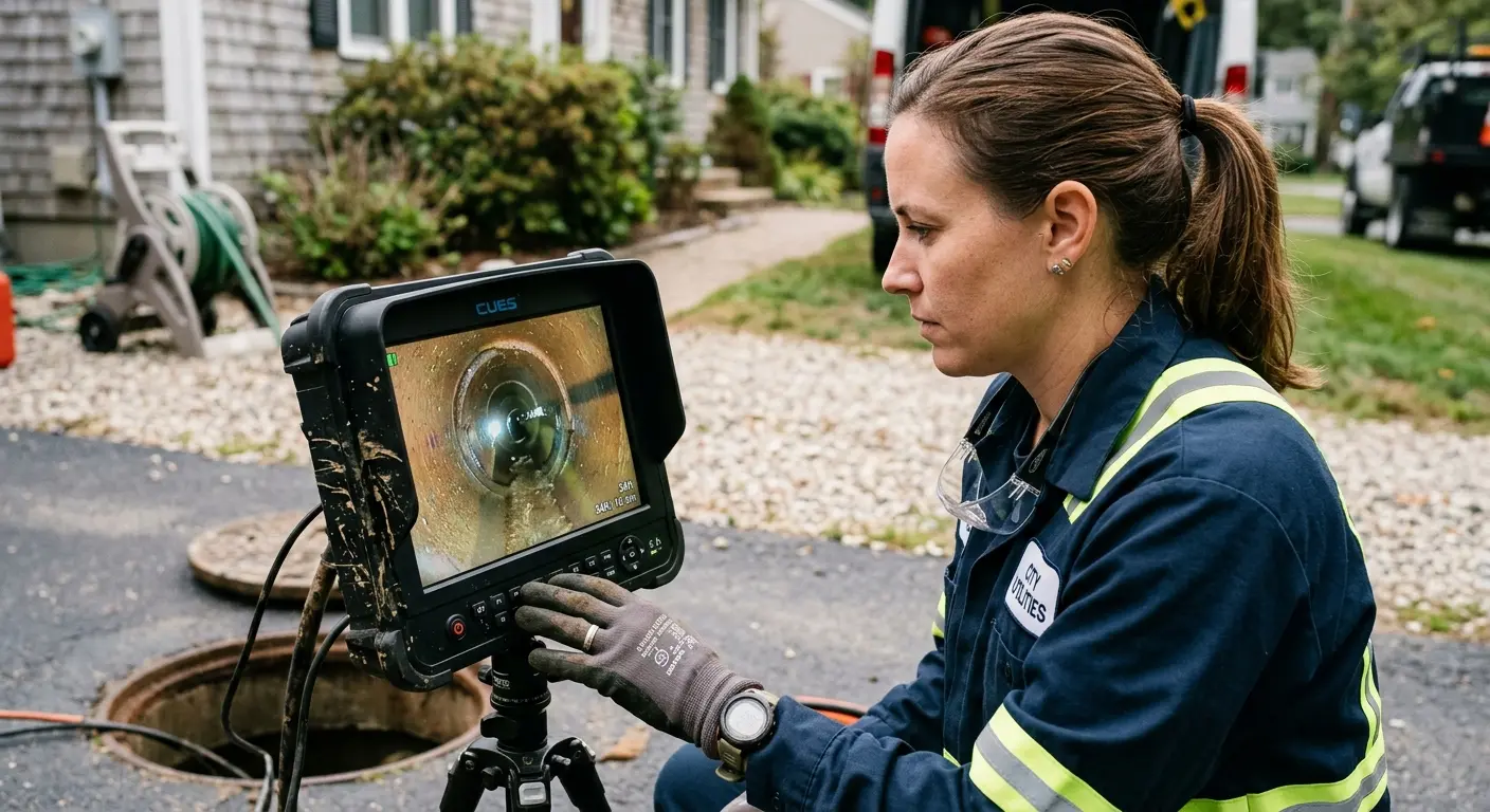 Technician reviewing sewer camera inspection footage in Dexter