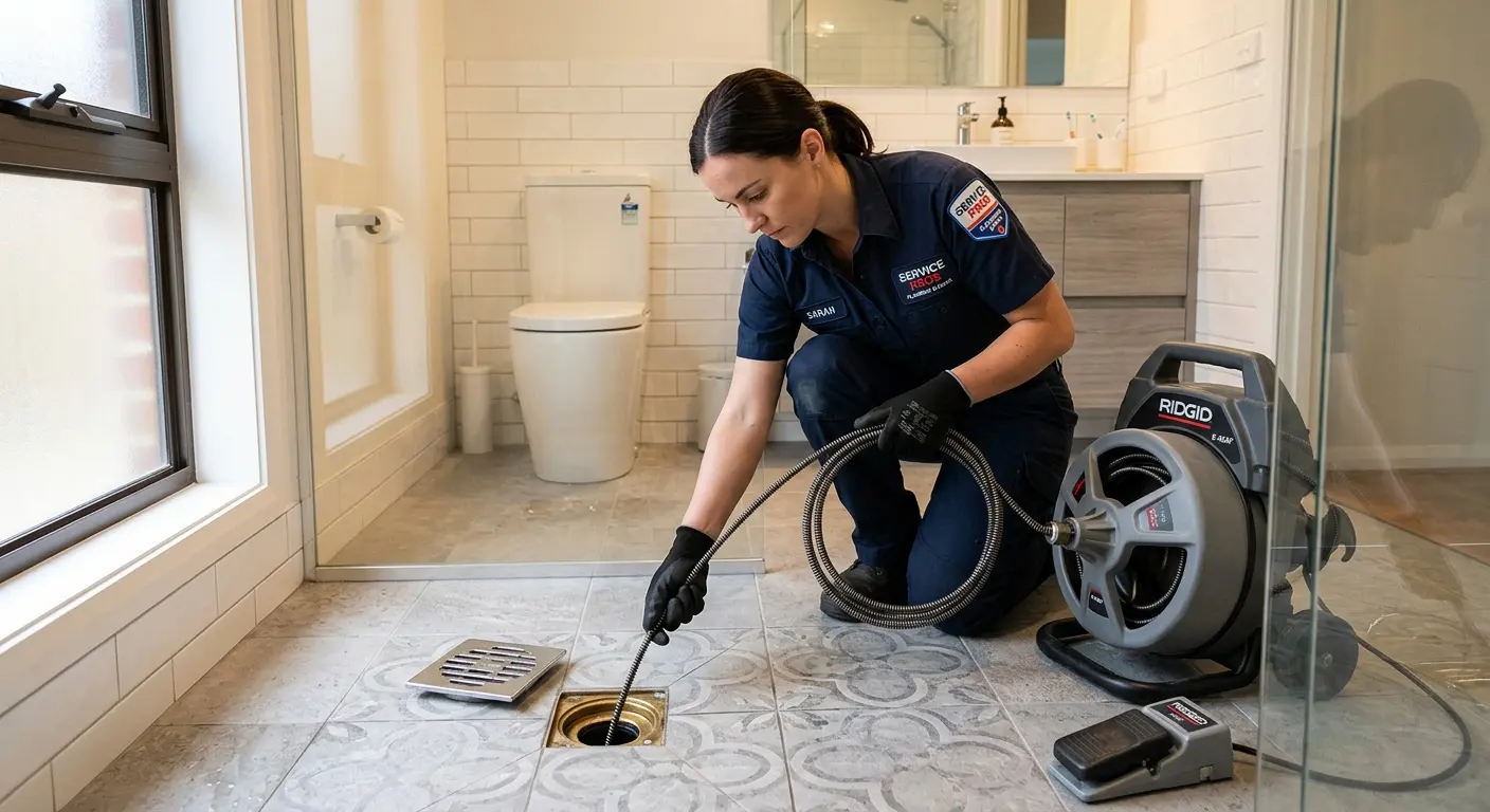 Technician clearing a bathroom floor drain for Hydro Jetting in Dexter